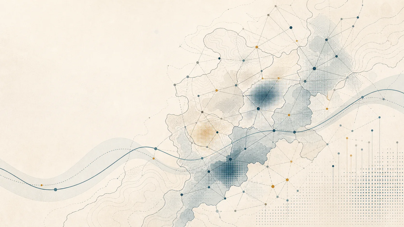 Abstract map combining territories, spatial networks, and statistical curves